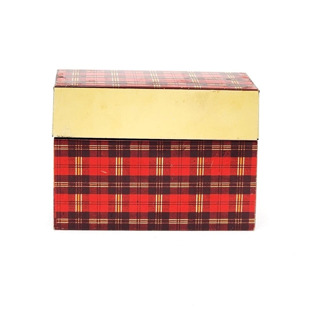 Vintage Ohio Art Co Plaid Metal Recipe Box Red Tartan Tin Bryan Ohio 1960s